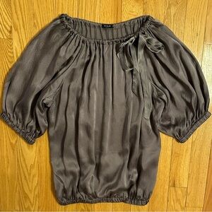 VILA Blouse 100% Silk Peasant Top Ruched Hem Tie Ribbon Neck Pewter Dark Gray S